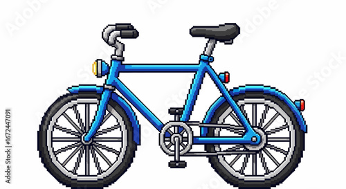 Blue pixel art bicycle with realistic shadowing, for a retro styled game and design
