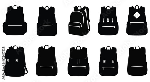 collection of black backpacks with various designs and features silhouette
