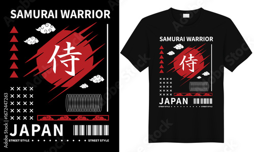 Japanese streetwear t-shirt design featuring samurai warrior with katana sword, red rising sun and bold art
