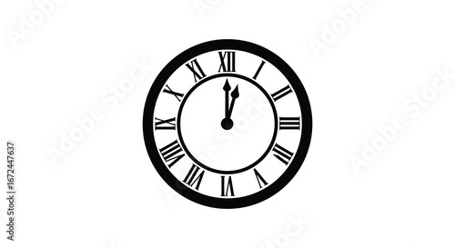 A black and white illustration of a clock with roman numerals on white background silhouette