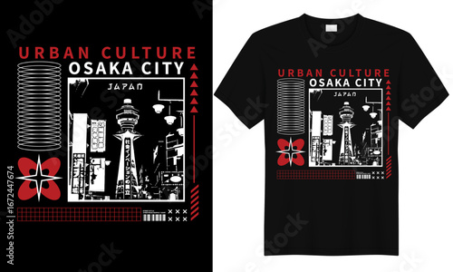 Japanese streetwear t-shirt design featuring Osaka city urban culture with landmark tower and bold red flower