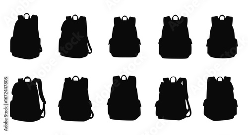 black silhouettes of various backpacks on white background