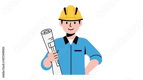 Engineering Visionary: An architect, impeccably dressed in a hard hat and a composed stance, carries rolled blueprint, embodying expertise and assurance in the construction field. 
