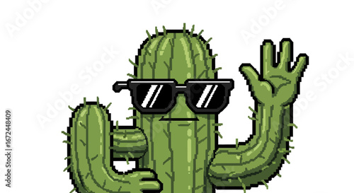 Cool Cactus Pixel Art A Groovy Desert Plant with Sunglasses and a Waving Hand