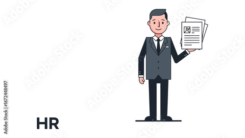 HR Recruitment: A professional individual, stands confidently, holding a stack of application documents, embodying expertise and reliability in the domain of Human Resources. 