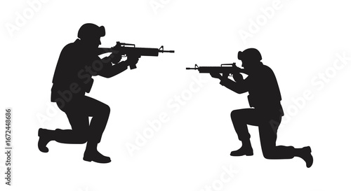 Two soldiers in combat stance with guns on white background silhouette