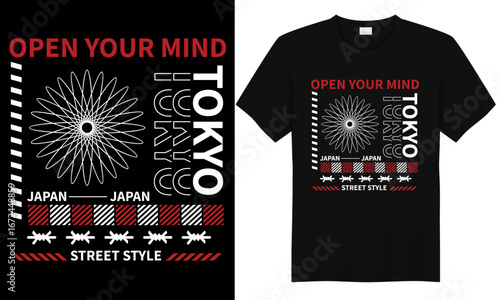 Japanese streetwear t-shirt design featuring open your mind Tokyo typography with bold abstract geometric art