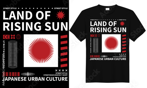 Japanese streetwear t-shirt design featuring land of the rising sun theme with bold red circle and urban culture