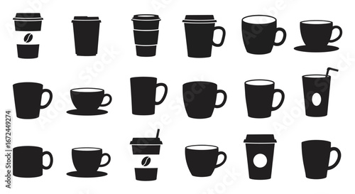 Black silhouettes of various coffee and tea cups on white background