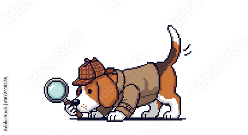 Detective Dog Beagle Investigator with Magnifying Glass Cartoon Illustration