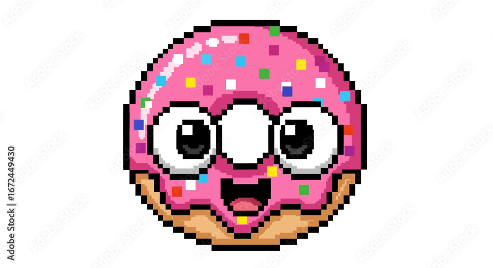 Pixel art cartoon donut with pink frosting and sprinkles, a cute and playful character