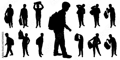 Set of silhouettes of school children carrying backpacks, walking and standing. Vector illustration.