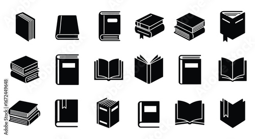 Collection of various book icons in different orientations and styles silhouette