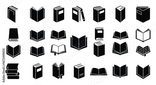 A collection of various black and white book icons on a white background silhouette