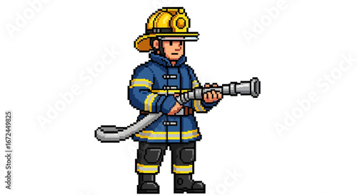 Pixel art illustration of a brave firefighter in full protective gear, standing ready with a fire hose, symbolizing courage, dedication, and vital emergency response