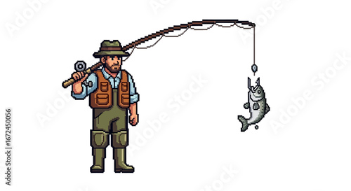 Pixel art fisherman proudly displays a freshly caught fish on his line