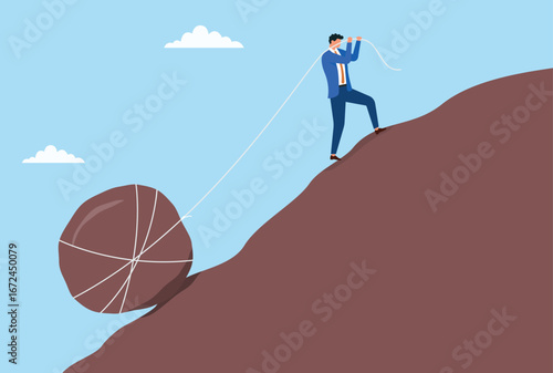 Vector illustration of a businessman climbing uphill while pulling a large stone, symbolizing struggle, persistence, determination, and overcoming business challenges
