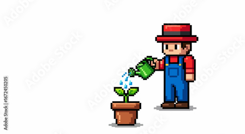 Pixel Art of a Gardener Watering a Plant in a Pot Cultivating Growth and Nature's Beauty