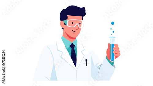 Scientist Experimenting in Lab: A scientist in a crisp white lab coat and protective eyewear conducts an experiment, holding a test tube with bubbling liquid.