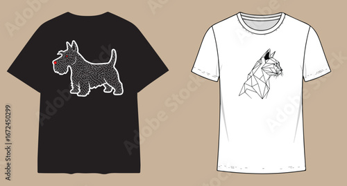 Two tshirts one black with a scottish terrier graphic and one white with a whimsical dog illustration