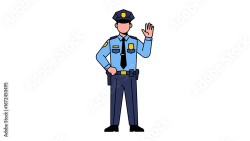 Respectful Police Officer: A cartoon police officer in full uniform, extending a welcoming hand, symbolizing protection and a pledge to serve in a digital illustration.