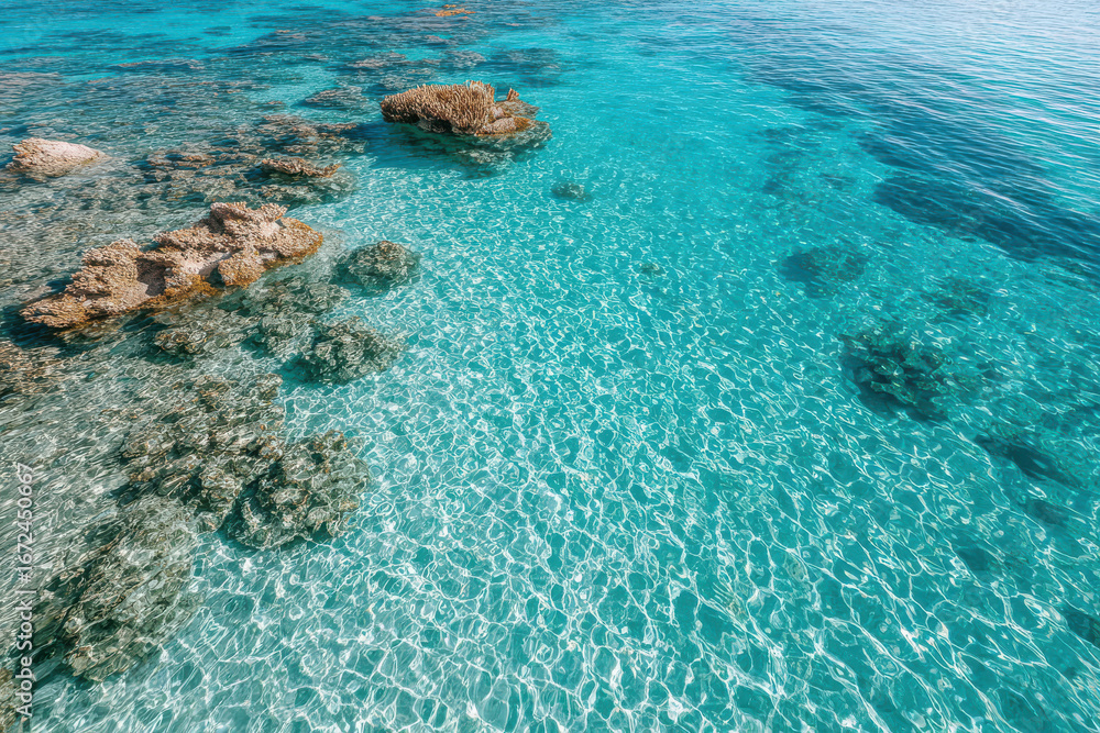 Obraz premium aerial view of ocean surface reveals stunning colors of coral reefs below