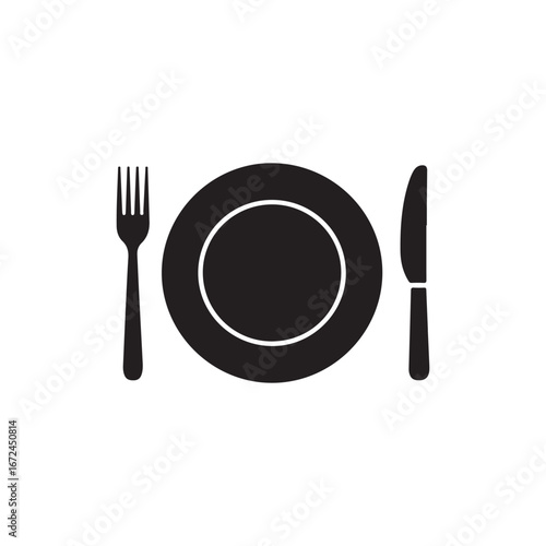 Simple black silhouette of a fork plate and knife symbolizing dining and food service vector