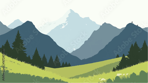 Minimalist Abstract Mountain Landscape and Snowy Peak. Illustration of a Mountain Landscape.