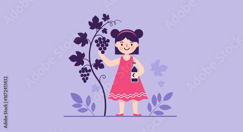 Charming Girl Picking Grapes and Presenting Wine Bottle in Vineyard Illustration