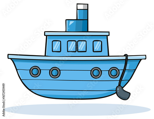 Cartoon blue tugboat with a rope and anchor ready for maritime tasks