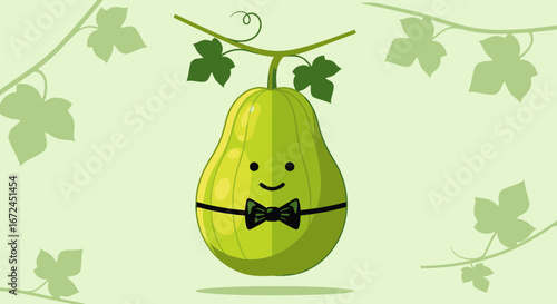 Charming Gourd Illustration Smiling with a Bowtie, Depicting a Friendly Green Character