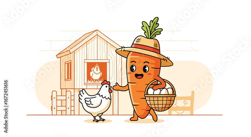 Cheerful Carrot Farmer Presents Fresh Eggs While Chicken Looks On In Delightful Scene