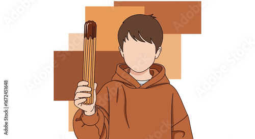 Charming Individual Holding Chocolate Dipped Churro Against Abstract Brown Background