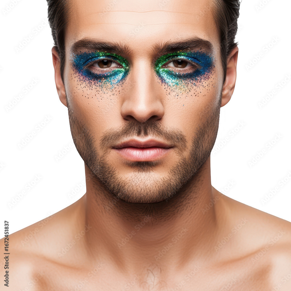 Obraz premium Man with glittery eyeshadow expressive makeup for bold and creative looks transparent background