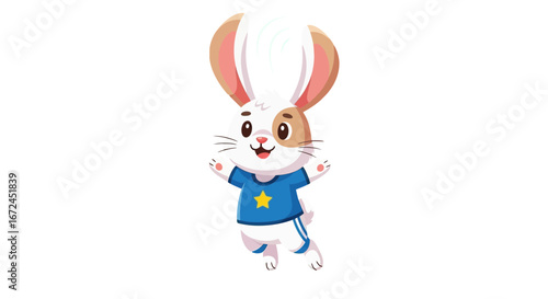 Cheerful Bunny Character in Blue T-Shirt with Star Celebrating Joyfully on White Backdrop