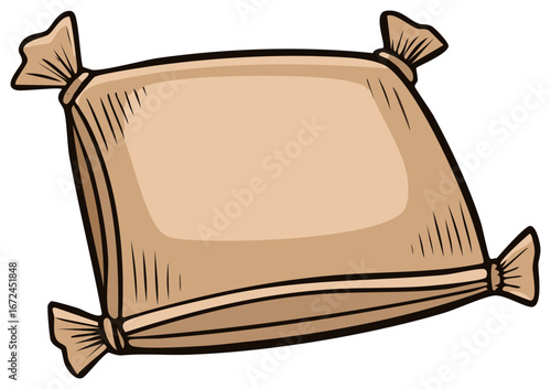 Stylized Tan Square Pillow with Tied Corners, Comfort and Decorative Accent with Outline