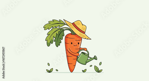 Cheerful Carrot Watering Plants, Joyful Garden Scene, Illustrated Vegetable Character