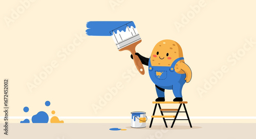 Charming Potato Character Painting, Illustrating Home Improvement And Creative Design Concept