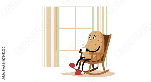 Charming Potato Character Relaxes, Enjoying Hot Drink by Window in Comfort