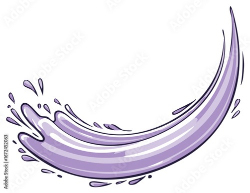 Illustrated purple water splash in a dynamic arcing swoosh with drops