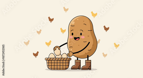Charming Potato Mascot Gathering Eggs With Smiling Expression And Little Chickens