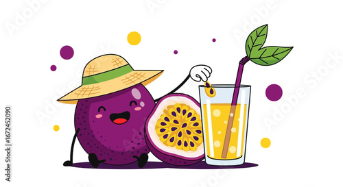 Cheerful Cartoon Fruit Enjoying Summer with Zesty Passion Fruit Juice in a Glass