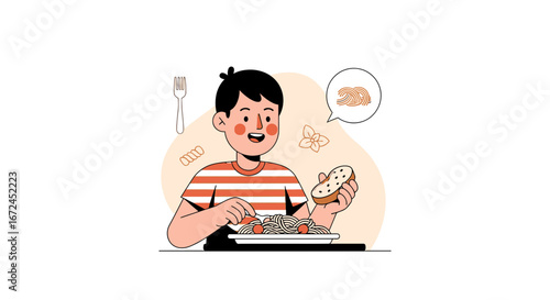Cheerful Cartoon Illustration Of A Young Man Enjoying Italian Spaghetti And Bread Delight