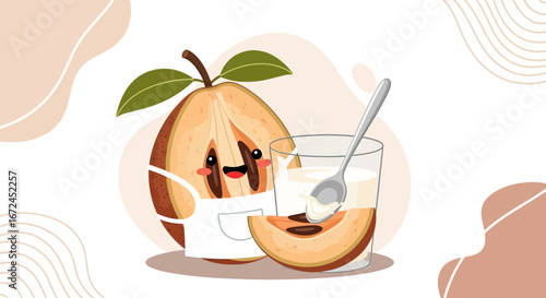 Charming Sapodilla Mascot With Milk, Spoon, Mask and Sliced Fruit Concept Illustration