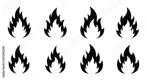 a set of black flame icons on a white background silhouette