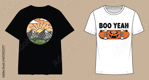 Two t shirts one black with mountain landscape design and one white with halloween theme boo yeah and pumpkins