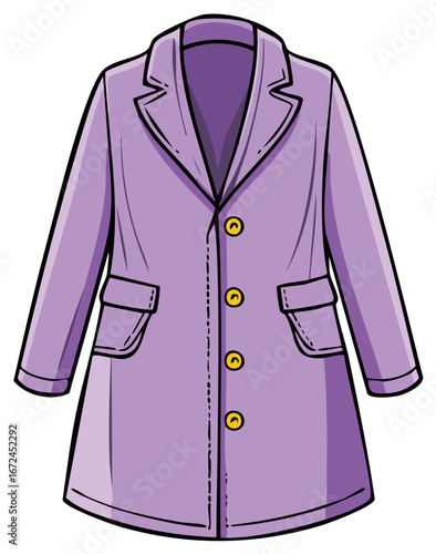 Stylish purple overcoat with gold buttons cartoon vector illustration