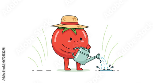 Charming Tomato Cartoon Character Watering Seedling in Sun Hat with Gardener Actions