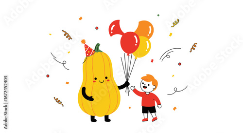 Cheerful Celebration: Pumpkin's Birthday Bash with Joyful Balloons and Festive Fun