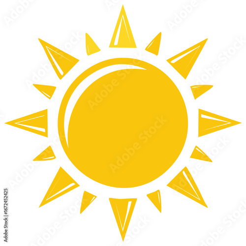 Vibrant Yellow Sun with Rays Illustration, Summer Heat and Sunshine, Bright Vector Icon and Graphic Element